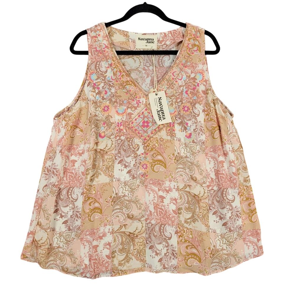 NWT SAVANNA JANE Pink Paisley Patchwork Embroidered Flowy Boho Tank Top SIZE 1X